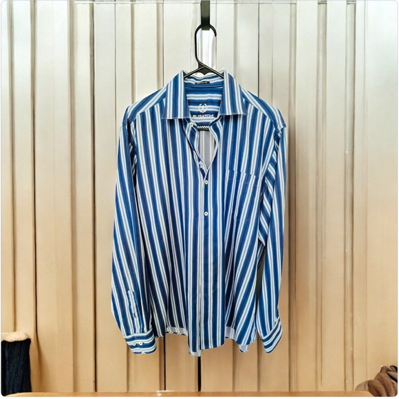 Bugatchi Men’s Dress Shirt Size L Blue White Striped Long Sleeve - Picture 1 of 6